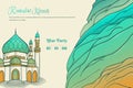 Ramadan kareem background template with Mosque behind the cliff wall in hand drawn design Royalty Free Stock Photo