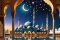 Mosque Beneath the Crescent Moon: Graceful Minarets and Devout Worshippers Royalty Free Stock Photo