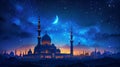 Mosque under the night sky and moon, Ramadan