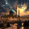 Mosque building and hundreds of people gathered for prayer at sunset clouds in the sky. Ramadan as a time of fasting and prayer Royalty Free Stock Photo