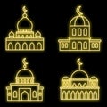 Mosque building icons set vector neon