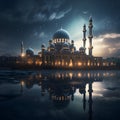 mosque building\'s intricate architecture silhouetted against the night sky