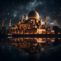 mosque building\'s intricate architecture silhouetted against the night sky