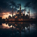 mosque building\'s intricate architecture silhouetted against the night sky