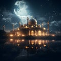 mosque building\'s intricate architecture silhouetted against the night sky