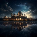 mosque building\'s intricate architecture silhouetted against the night sky