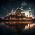 mosque building\'s intricate architecture silhouetted against the night sky