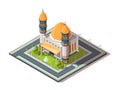 Mosque in city. Islamic muslim religion architectural object in urban landscape vector isometric