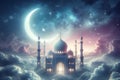 mosque in clouds with a crescent moon in gentle pastel colors, ramadan concept. Royalty Free Stock Photo