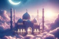 mosque in clouds with a crescent moon in gentle pastel colors, ramadan concept. Royalty Free Stock Photo