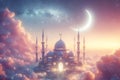 mosque in clouds with a crescent moon in gentle pastel colors, ramadan concept. Royalty Free Stock Photo