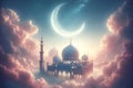 mosque in clouds with a crescent moon in gentle pastel colors, ramadan concept. Royalty Free Stock Photo