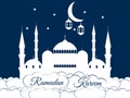 Mosque in the clouds. Ramadan Kareem, blue mosque, minaret, lantern and moon, muslim holiday lights. Royalty Free Stock Photo