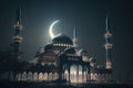 Mosque and crescent moon in the night sky. Ramadan Kareem background. Generative AI Royalty Free Stock Photo