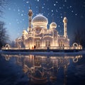 Mosque decorated with lights on a blue background in winter Mirror reflection. Mosque as a place of prayer for Muslims Royalty Free Stock Photo