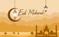 Mosque on Desert with Date Tree Lantern Islamic Illustration of Happy Eid Mubarak Royalty Free Stock Photo