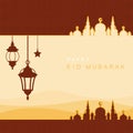 Mosque on Desert with Lantern Islamic Illustration of Happy Eid Mubarak Royalty Free Stock Photo