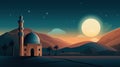 Mosque in the desert at night. Ramadan Kareem. illustration Generative AI