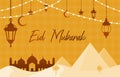 Mosque on Desert with Pyramid Lantern Islamic Illustration of Happy Eid Mubarak Royalty Free Stock Photo