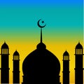 Mosque dome and minaret silhouette with moon during sunset