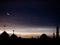 Mosque Dome Mubarak Muharram with Crescent Moon Star in Night Twillight Background Islamic Ramadan, Eid Al fitr,Eid Al adha Islam