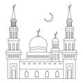 The mosque with domes and minarets with a crescent moon above it, flat style, illustration with a thin line.