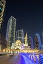 Mosque at Dubai Marina skyline architecture wealth luxury travel at night portrait format in United Arab Emirates Royalty Free Stock Photo