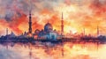 mosque, eid mobarak theme, watercolor Royalty Free Stock Photo