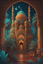 mosque fantasy starry night, islamic holiday ramadan kareem