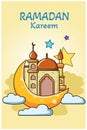 Mosque on gold moon at Ramadan Kareem cartoon illustration Royalty Free Stock Photo