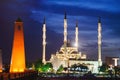 Mosque `Heart of Chechnya` against the backdrop of the night city of Grozny Royalty Free Stock Photo