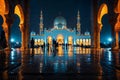 A mosque illuminated at night during Ramadan, with worshippers arriving for prayers, the scene conveying a sense of community and