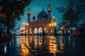 A mosque illuminated at night during Ramadan, with worshippers arriving for prayers, the scene conveying a sense of community and