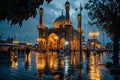 A mosque illuminated at night during Ramadan, with worshippers arriving for prayers, the scene conveying a sense of community and