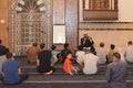 A mosque Imam preacher gives a lecture on the prophetic biography and the prophet practices and Sunnah