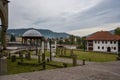 Mosque of Jusuf Pasha under a gray cloudy sky in Maglaj, Bosnia and Herzegovina