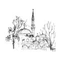 Mosque landscape. Islamic background. Hand