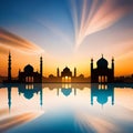 Mosque landscape view with reflection. Colorful sky sunset view.