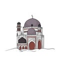 Mosque located in the middle of the desert in cartoon design for ramadan template Royalty Free Stock Photo