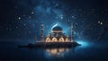 A mosque in the middle of the sea at night. The night of power wallpaper. Beautiful islamic celebration background. AI Generated