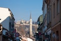 Mosque Minaret in the Bascarsija district in winter. Bascarsija is the symbol of Sarajevo, with its oriental architecture Royalty Free Stock Photo