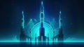 Mosque and minaret with modern blue led lights