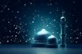 Mosque with a minaret on a shiny blue background, place for text, Generative AI
