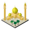 Mosque, minarets, Arab men and palm trees in isometric view