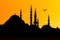 Mosque minarets and hot air balloons at sunset. Istanbul. Turkey.