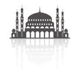 Mosque with minarets on skyline. Islamic architecture silhouette. Istanbul cityscape with reflection isolated on white