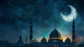 A mosque and minarets under a starry sky with the moon, Ramadan