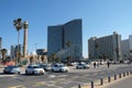 Mosque and modern hotels on the quay of Tel Aviv