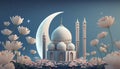 mosque and moon with flowers on blue background.