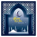 Mosque, moon, Islamic star and ornament pattern welcome Eid al-Adha